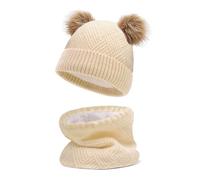 JFAN Sciarpa Invernale per Bambini in Maglia Doppia con Cappello Caldo A Forma di Palla di Pelo Cappello a Doppia Palla di Capelli + Sciarpa,Beige