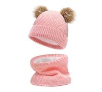 JFAN Sciarpa Invernale per Bambini in Maglia Doppia con Cappello Caldo A Forma di Palla di Pelo Cappello a Doppia Palla di Capelli + Sciarpa,Rosa