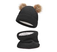 JFAN Sciarpa Invernale per Bambini in Maglia Doppia con Cappello Caldo A Forma di Palla di Pelo Cappello a Doppia Palla di Capelli + Sciarpa,Nero