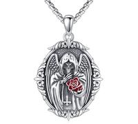 JFASHOP Collana in argento Sterling 925 con ciondolo a forma di teschio e ali dell'angelo della morte, con rose, scheletro gotico, unisex, gioiello per uomini, donne, adulti, regalo di Halloween