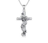 JFASHOP Collana vintage a croce per uomo e donna, con rose e fiori, in argento Sterling S925, ciondolo a forma di croce gotica punk Jewelry