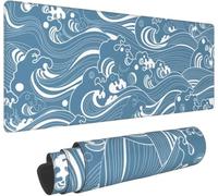 JFGCTYHXY Tappetino per tastiera, Tappetino for mouse lungo for tastiera e computer, lavabile, con base in gomma antiscivolo, onde bianche azzurre(700x300x2mm)