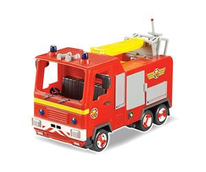 Jfireman Sam Jupiter the Fire Engine. Open the door and unwind the hose ready for action. Raise the crane arm with rescue platform to save the day