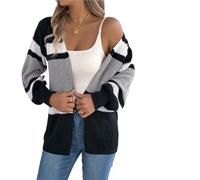 JFNKLFG Knitted Cardigan Contrast Striped Sweaters Autumn Winter Casual Lantern Long Sleeve Tops Woman Coats(Gray,L)