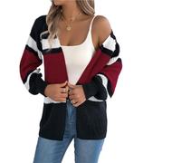 JFNKLFG Knitted Cardigan Contrast Striped Sweaters Autumn Winter Casual Lantern Long Sleeve Tops Woman Coats(Burgundy,L)