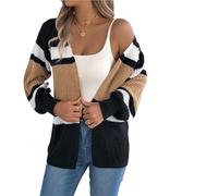 JFNKLFG Knitted Cardigan Contrast Striped Sweaters Autumn Winter Casual Lantern Long Sleeve Tops Woman Coats(Khaki,S)
