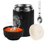 JGCJGG Thermo per Alimenti 600ml Contenitore Termico per Alimenti Caldi Acciaio Inox Contenitore Termico per Cibo con Cucchiaio Contenitori per Zuppe a Prova di Perdite per Zuppa Porridge e Riso, Nero