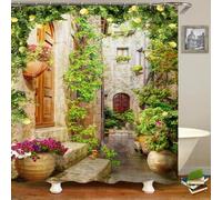 JGGXHM Tenda da doccia con fiori, città, strada, giardino, paesaggio, vista sul giardino greco, stampata in poliestere, decorazione per la casa, ganci per tenda da bagno 130x215cm/WxH