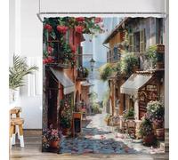 JGGXHM Tenda da doccia con motivo strada italiana, paesaggio di strada europeo, fiore, foglia di vite verde, negozio di caffè, tenda da bagno in poliestere Europa 73x162cm/WxH