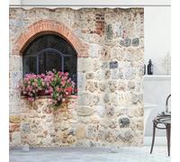 JGGXHM Tende da doccia rustiche in legno con porta, muro di mattoni vintage, foglie verdi, decorazioni per il bagno moderne e retrò, ganci per tende da bagno 120x190cm/WxH