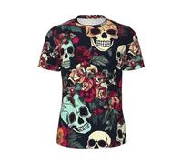 JGHHOUN T-shirt da uomo a maniche corte con stampa floreale colorata e teschi, traspirante, leggera, estiva, alla moda, palestra, allenamento, abbigliamento casual, Nero , 5XL