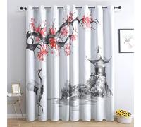 JHAHZJ Tenda oscurante in stile giapponese, tende termiche con occhielli, per soggiorno, camera da letto, finestra, motivo floreale, gru paesaggio, set di 2 tende moderne decorazione della finestra,