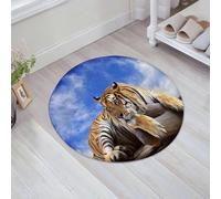 JHAOUNUK Morbido tappeto da bagno, 60 x 60 cm, tigre seduta su legno, sotto il cielo blu, con vista sulla fauna selvatica, antiscivolo, lavabile, tappetino da bagno assorbente