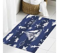 JHAOUNUK Tappeto Bagno Super Assorbente Tappetino per Doccia Microfibra,Asciugatura Rapida Tappetino Doccia per,Timbro bianco grunge stampa barca a vela ancora pesci su sfondo blu nav,60x90cm