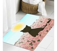 JHAOUNUK Tappeto Bagno Super Assorbente Tappetino per Doccia Microfibra,Asciugatura Rapida Tappetino Doccia per,Campo di rose con gatto nero scuro che splende il sole e cielo blu illustrazione,60x90cm