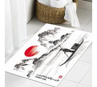 JHAOUNUK Tappeto Bagno Super Assorbente Tappetino per Doccia Microfibra,Asciugatura Rapida Tappetino Doccia per,Paesaggio con colline, lago, sole e pescatore in tradizionale stile giapponese s,60x90cm