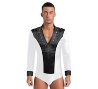Jhaoyu Camicia da uomo con glitter latino a maniche lunghe con scollo a V, body danza, trikot, top per ginnastica, tango, jazz, danza, competizione, performance, outfit, bianco, XL