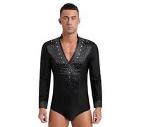 Jhaoyu Camicia da uomo con glitter per danza latina a maniche lunghe con scollo a V body da ballo tutina top ginnastica tango jazz danza competizione performance outfit, Nero , XXL