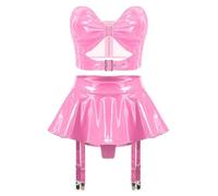 Jhaoyu Set di lingerie da donna in pelle laccata, top e minigonna, classico, reggicalze a vita alta, gonna Lingerie night club gogo outfit rosa XXL