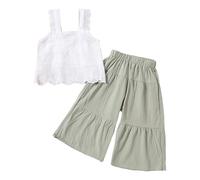 Jhaoyu Set di vestiti estivi per bambine e bambine, senza maniche, con volant e pantaloni lunghi in vita per 2-8 anni, verde chiaro, 122-128