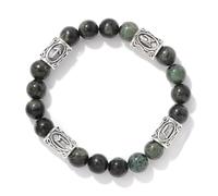 JHBTFQ Bracciale In Cristallo Con Pietre Naturali Da 8mm Con 4 Perline con Rune Vichinghe, Gioiello Spirituale Amuleto Nordico Per Uomo E Donna Cordino Elastico da 19cm,Moss agate