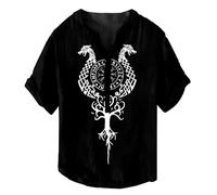 JHBTFQ Maglietta Viking da Uomo Colletto Henry Maniche Corte Casual Bottoni Tessuto in bambù e Lino Sottile Estate T-Shirt,Helm of awe Black,3XL