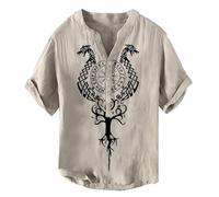 JHBTFQ Maglietta Viking da Uomo Colletto Henry Maniche Corte Casual Bottoni Tessuto in bambù e Lino Sottile Estate T-Shirt,Helm of awe Khaki,XL