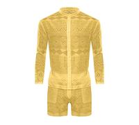 JHBTFQ Mesh Tuta a Rete Set Pantaloncini a Maniche Corte per Uomo, Estate Hawaii Punta Muscoli Trasparente Maglia a Maniche Lunghe Abbigliamento da Discoteca,Giallo,L