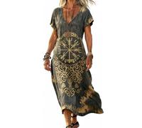 JHBTFQ Vichingo Stampa Abito Lungo da Donna Rune Odino Abiti Media Lunghezza Scollo V Maniche Corte Estate Poliestere Tempo Libero Gonna Festa,Skandinaviske,XL