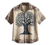 JHBTFQ Vichingo Yggdrasil/Albero della Vita Lino Camicia Manica Corta Stampa 3D Hawaiano Vintage Donna Uomo Tops Regalo Nordico,Beige,L