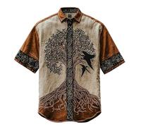 JHBTFQ Vichingo Yggdrasil/Albero della Vita Lino Camicia Manica Corta Stampa 3D Hawaiano Vintage Donna Uomo Tops Regalo Nordico,Raven,3XL