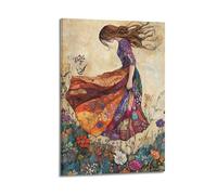 JHKJTK Album fotografico moderno per famiglia, decorazione artistica da parete per bagno, stampa artistica su tela, motivo: donna boemia in abito fluente, poster botanico con fiori, 30 x 45 cm