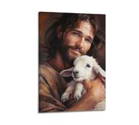 JHKJTK Poster moderno per la famiglia, decorazione da parete per il bagno, con figura sorridente di Gesù con agnello, 30 x 45 cm, con cornice