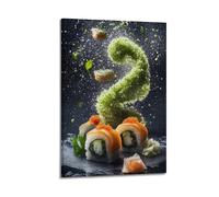 JHKJTK Stampa artistica da parete su tela con motivo di famiglia e squisita, moderna e minimalista, con sushi, con ingredienti volanti e contorno verde, 20 x 30 cm