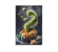 JHKJTK Stampa artistica da parete su tela con motivo di famiglia e squisita, moderna e minimalista, con sushi, con ingredienti volanti e contorno verde, 30 x 45 cm