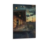 JHKJTK Stampa artistica da parete su tela con stampa artistica da parete in stile vintage con scena notturna con stazione ferroviaria abbandonata sotto il cielo illuminato dalla luna, 20 x 30 cm