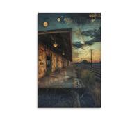 JHKJTK Stampa artistica da parete su tela con stampa artistica da parete in stile vintage con scena notturna con stazione ferroviaria abbandonata sotto il cielo illuminato dalla luna, 30 x 45 cm