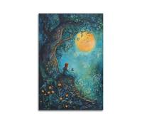 JHKJTK Stampa artistica da parete su tela con stampa artistica da parete moderna e squisita, poster con scena notturna surrealista con ragazza seduta vicino all'albero e luna piena, 50 x 75 cm