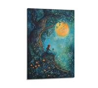 JHKJTK Stampa artistica da parete su tela con stampa artistica da parete moderna e squisita, poster con scena notturna surrealista con ragazza seduta vicino all'albero e luna piena, 50 x 75 cm