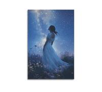 JHKJTK Stampa artistica da parete su tela con stampa artistica da parete moderna su tela, poster con scena notturna surrealista con donna che guarda il cielo stellato, 50 x 75 cm