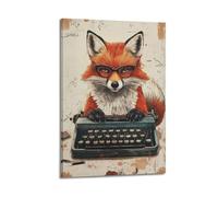 JHKJTK Stampa artistica da parete su tela con stampa artistica da parete, stile vintage, motivo: animali di volpe con macchina da scrivere, 60 x 90 cm