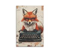 JHKJTK Stampa artistica da parete su tela con stampa artistica da parete, stile vintage, motivo: animali di volpe con macchina da scrivere, 60 x 90 cm