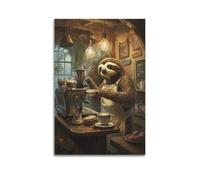 JHKJTK Stampa artistica da parete su tela, motivo: animali surrealisti, poster con bradipo e barista che fa il caffè, 30 x 45 cm