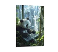 JHKJTK Stampa artistica da parete su tela, motivo: animali surrealisti, poster con panda che usa il computer portatile con vista sulla città, 20 x 30 cm