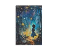 JHKJTK Stampa artistica da parete su tela, motivo: famiglia surrealista, poster per bambini con ragazza che guarda la notte stellata nella foresta, 60 x 90 cm