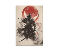 JHKJTK Stampa artistica da parete su tela, motivo: guerriero samurai giapponesi, poster con sfondo rosso di sole rosso, 60 x 90 cm