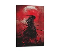 JHKJTK Stampa artistica da parete su tela, motivo: Samurai Japandi con doppia spada sotto la luna rossa, 40 x 60 cm