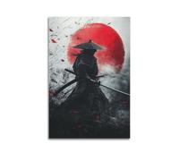 JHKJTK Stampa artistica da parete su tela, motivo: Samurai Japandi con sole rosso e spade, 40 x 60 cm