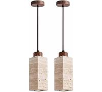 JHOMHF Lampadario a Sospensione in Pietra con Tubo Lungo lampadario Industriale Rustico cilindrico in Pietra Naturale Legno Altezza Regolabile for Isola Cucina Sala da Pranzo(Square,H-18.5CM-2 Pack)