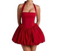 JHOMHF Mini Abito A Palloncino Con Corsetto E Schiena Scoperta Da Donna Elegante Abito Da Cocktail E Festa Senza Maniche(A-red,M)